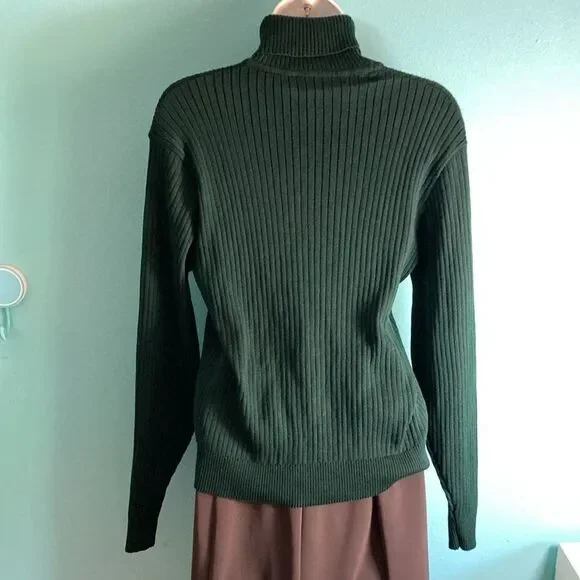Jaeger Womens Size M Vintage Fitted Green Wool Rib Knit Pullover Turtleneck Top - Picture 4 of 11